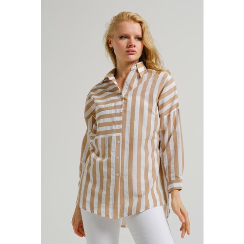armonika Women's Beige Asymmetrical Striped Oversized Long Basic Shirt Slike