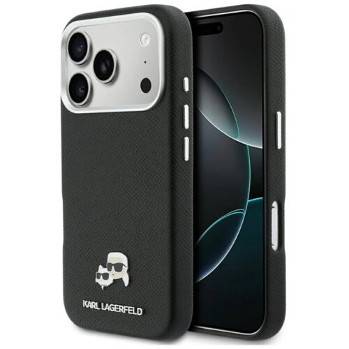  Maska Karl Lagerfeld IML Glitter Karl & Choupette Head Pins Saffiano Magsafe za iPhone 17 Pro Max crna Cene