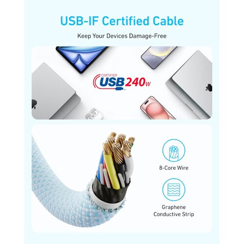 Anker Zolo USB tip-C kabl M/M 1.8m, za Apple, super brzo punjenje 240W/480Mbps, pleteni, crni Slike