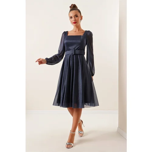 By Saygı Square Collar Belted Balloon Sleeve Lined Glitter Dress