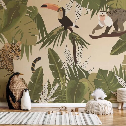  Foto tapeta - Leaves and Shapes - Jungle in Faded Colours With Animals 150x105 Standard Cene