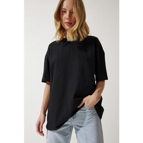  Women's Black Crew Neck Basic Oversize Knitted T-Shirt