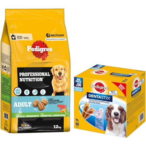 Pedigree Professional Nutrition Adult 12 kg + Dentastix 56 kosov po posebni ceni! - Adult z govedino in zelenjavo 12 kg + Multi pakiranje (56 kosov) za srednje velike pse (10-25 kg) Cene