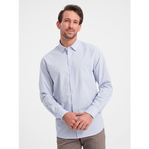 Ombre men's regular fit cotton shirt with vertical stripes - blue and white om-shos Cene