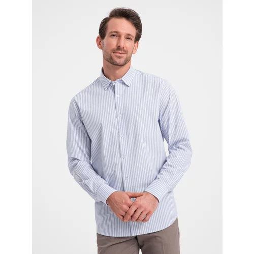 Ombre Men's REGULAR FIT cotton shirt with vertical stripes - blue and white OM-SHOS