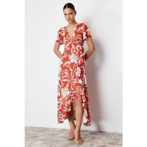 Trendyol tile floral printed wrapped belted ruffled short sleeve stretchy knitted midi dress Cene