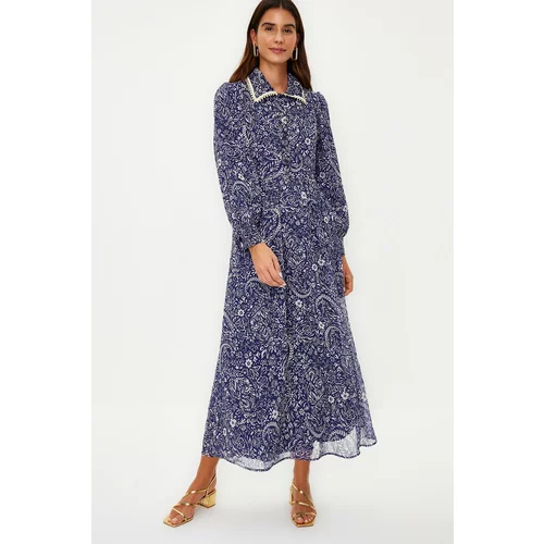 Trendyol Blue Floral Neck Detailed Lined Chiffon Woven Dress