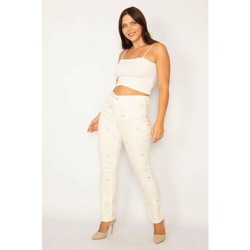 Şans Women's Plus Size Beige Plaid Printed Lycra 5-Pocket Jeans Trousers Slike