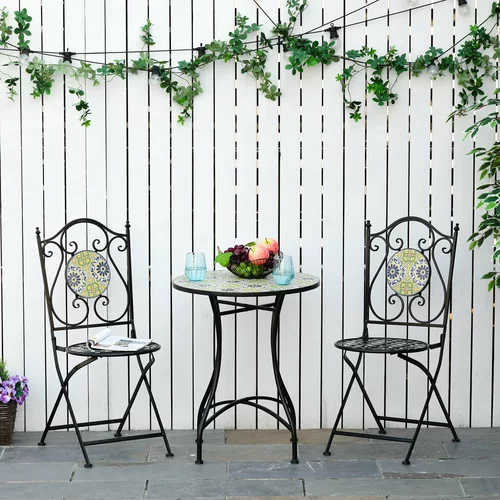 Outsunny 3delni zložljivi kovinski vrtni set z mizo in stoli z barvnimi ploščicami, večbarvni, (20754265)