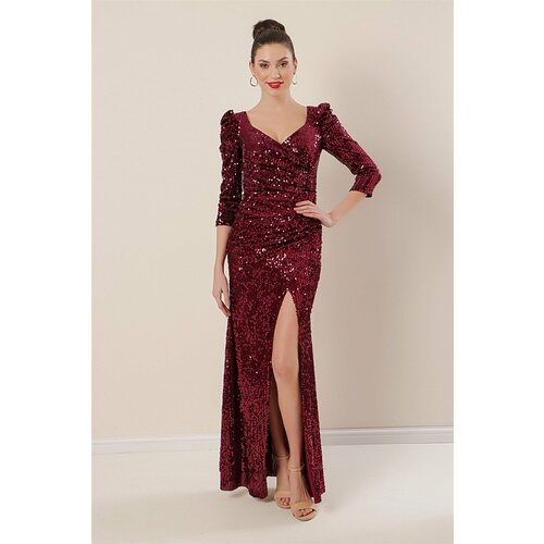By Saygı Shoulders And Waist Pleat Lined Pleated Long Velvet Dress Claret Red. Slike