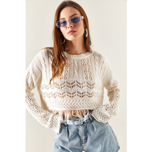 Olalook Women&amp;#039;s Ecru Bottom Tricot Blouse with Tassels and Openwork Slike