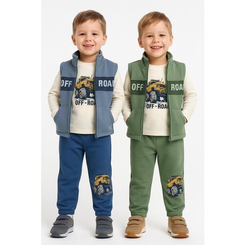 WOWO kids komplekt sa auto off road: pantalone, prsluk, majica dugih rukava - plava Cene