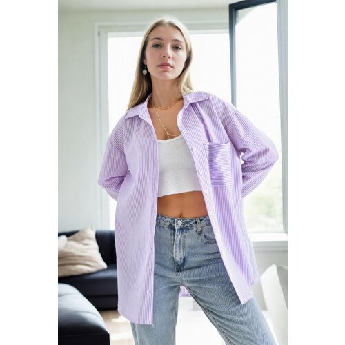 Dewberry 49999 Blue Wrinkled Detailed Striped Women Shirt-LILAC Slike