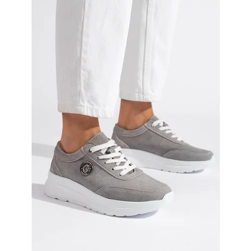 Shelvt Grey Leather Trainers