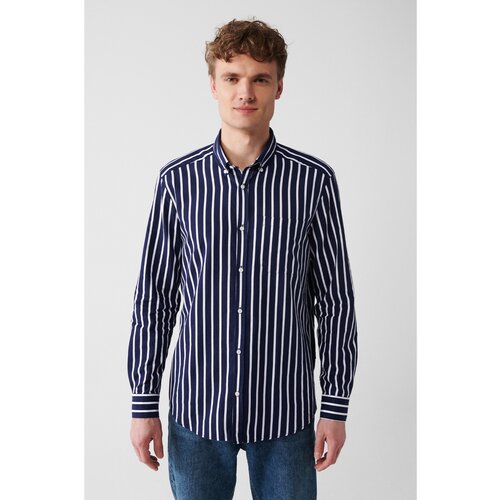Avva Men's Navy Blue 100% Cotton Oxford Buttoned Collar Striped Standard Fit Regular Fit Shirt Slike