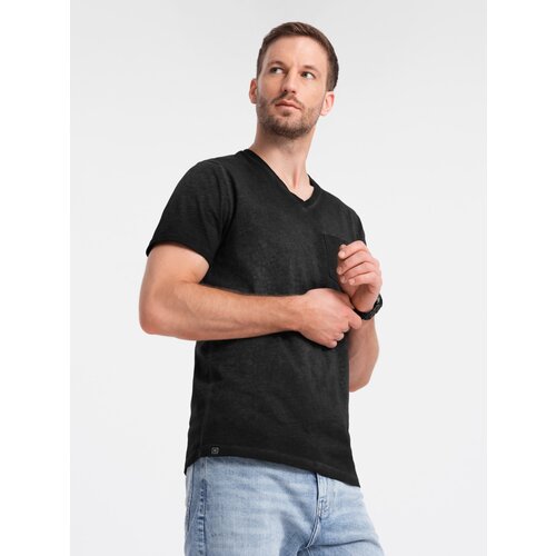 Ombre Men&amp;#039;s brindle V-neck t-shirt with pocket - black Slike