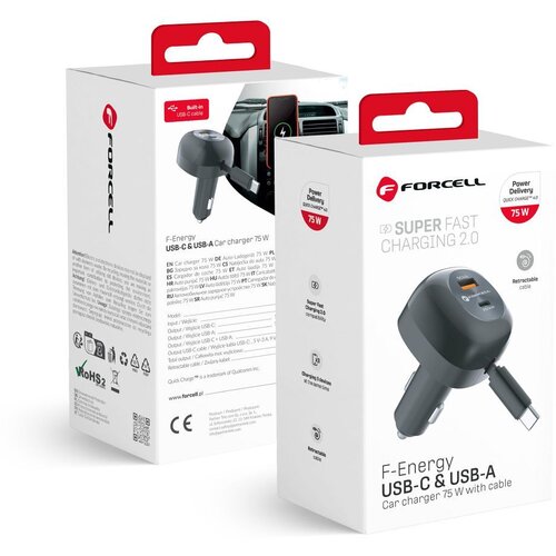 forcell F-ENERGY Alu auto punjac sa uvlacivim kablom Type C i Type C + USB A prikljuccima PD QC4.0 SFC2.0 3A 75W crni Cene