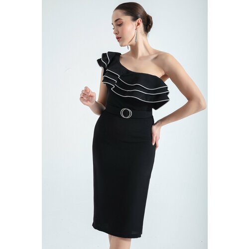 Lafaba women's black one-shoulder frilly midi evening dress Cene