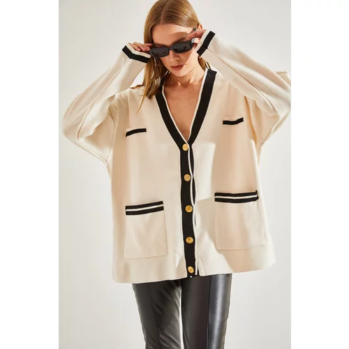 Bianco Lucci Women's Double Pocket Striped Button Down Oversized Cardigan