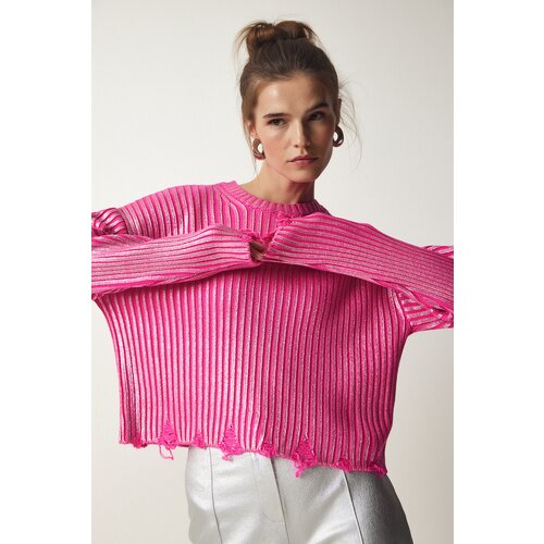 Happiness İstanbul Women's Pink Ripped Detail Shiny Knitwear Sweater Slike