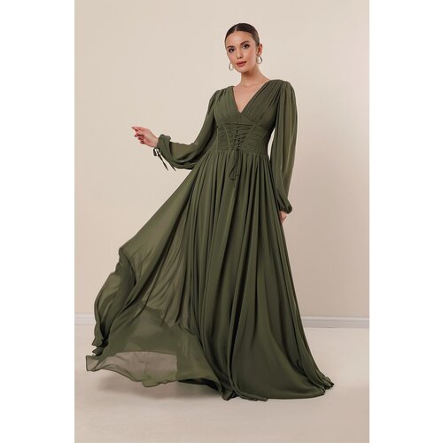 By Saygı Lace-Up Front Underwire Lined Long Chiffon Dress Slike