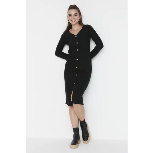 Trendyol Black V-Neck Button Midi Knitted Dress