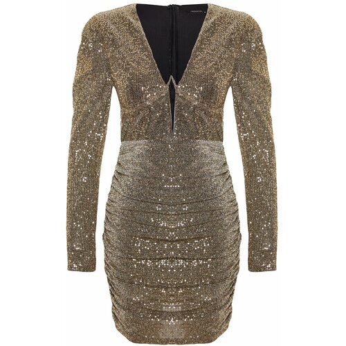 Trendyol Gold Fitted Sequin, Shimmering Sequin Evening Dress Slike