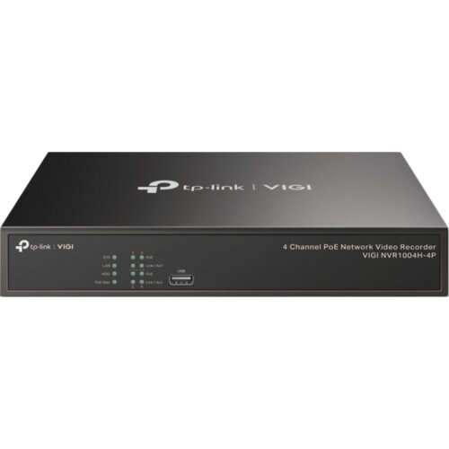 Tp-link VIGI NVR1004H-4P 4 Channel PoE Network Video Recorder, H.265+/H.265/H.264+/H.264, Up to 8MP resolution, 4&times; 10/100 Mbps PoE+ Ports, PoE budget 53W, 1&times; SATA Interface(up to 10 TB), 2&times; U Cijene