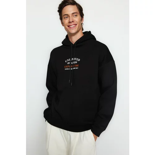 Trendyol Men's Black Oversize/Wide-Fit Fluffy Text Print Cotton Sweatshirt