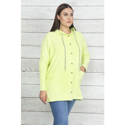 Şans Women's Large Size Green Cotton Fabric Hooded Front Button Sweatshirt Cene