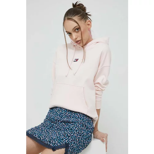 Tommy Jeans Pamučna dukserica za žene, boja: ružičasta, s kapuljačom, s aplikacijom