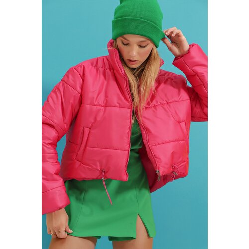Trend Alaçatı Stili Women's Fuchsia Stand Collar Double Pocketed Inflatable Puffer Coat with Elastic Waist Cene