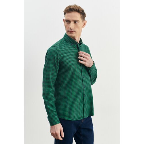 ALTINYILDIZ CLASSICS Men's Green-navy blue Slim Fit Narrow Cut Button Collar Gingham Flannel Lumberjack Shirt Slike