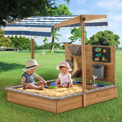 Kinder Home Dečiji drveni peskarnik sa podesivim krovom i dodacima &amp;ndash; Playpen Mill, Staza za autiće Slike