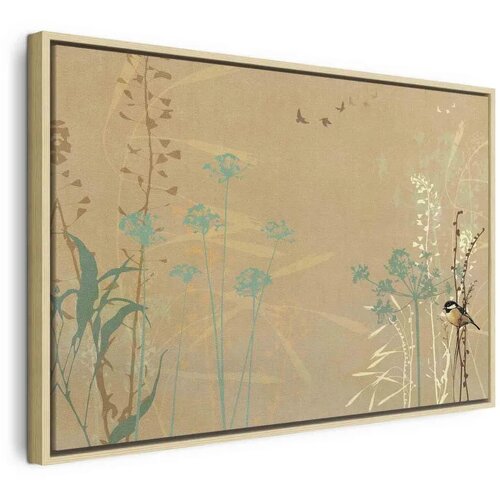  Slika - Tiny Bird - Colorful Grasses in Golden Shades of Sunset 60x40 U prirodnom drvenom okviru Cijene