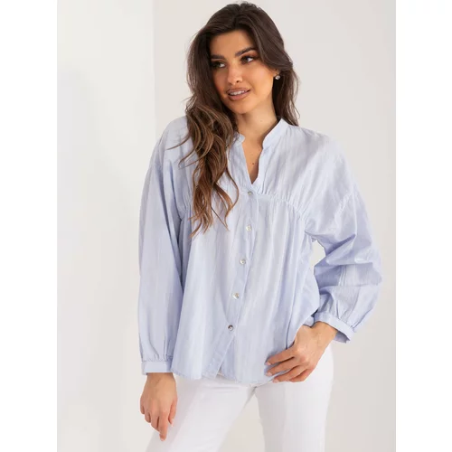 Fashion Hunters Light blue women's oversize shirt with stand-up collar