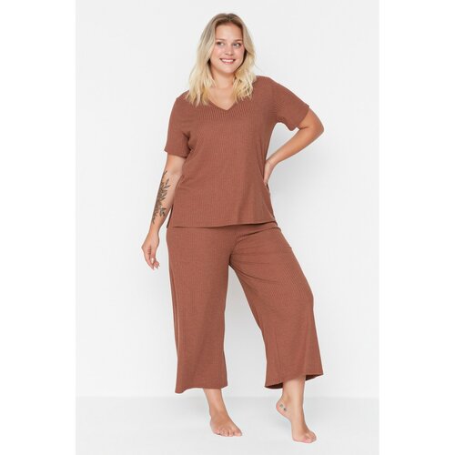 Trendyol Curve Brown Camisole Knitted Pajamas Set Cene