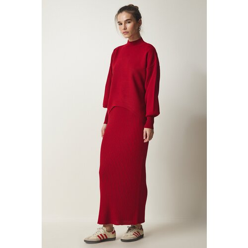 Happiness İstanbul Women's Red Ribbed Knitwear With Sweater Dress Slike