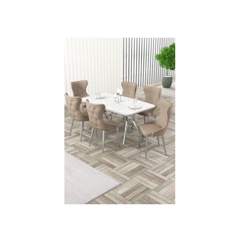 Hanah home Rasklopivi trpezarijski sto i stolice (7 delova) Esla White Marble Chrome Cappuccino Cene