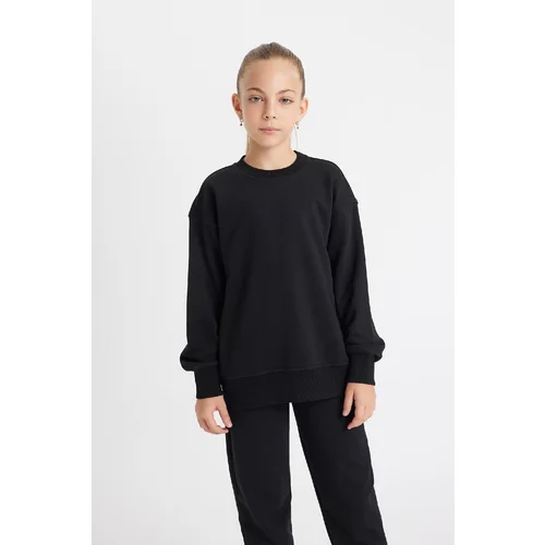 Defacto Girl Relax Fit Crew Neck Black Basic School Sweatshirt