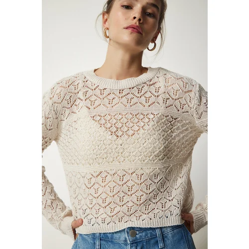  Women's Cream Openwork Knitwear Sweater