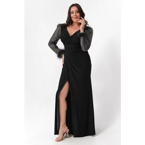 Lafaba Women's Black V-neck Plus Size Long Evening Dress with a slit with rhinestones on the sleeves.