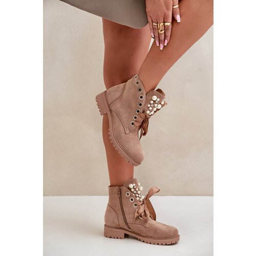 FI1 Suede Warm Ankle Boots With Pearls And Ribbon Beige Perla Cene