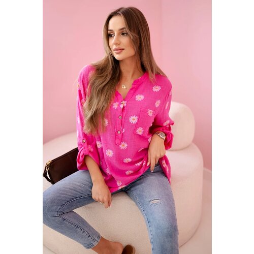 Kesi Włoski Linen Women&amp;#039;s Blouse with Floral Pattern, Long Sleeves, and Buttons pink Slike