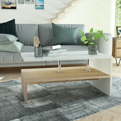 VidaXL Klubska mizica iverna plo&amp;scaron;ča 90x59x42 cm bela in barva hrasta Slike