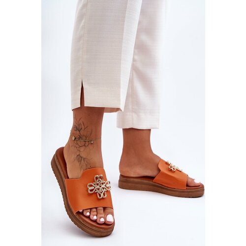 Kesi Women's leather platform sandals with Azera orange decoration Cene