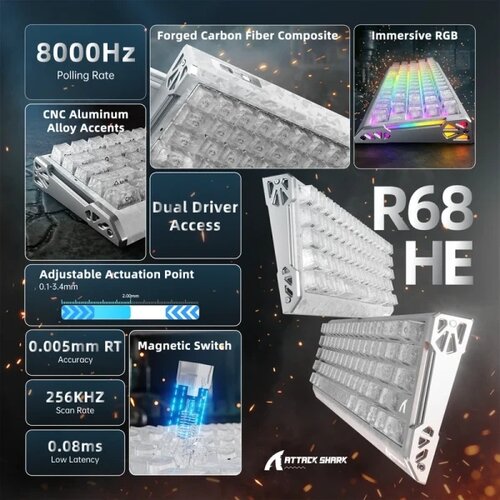 Attack Shark Bežična gaming tastatura R68HE Magnetic Switches/RT/Snap Tap/DKS/MT/TGL/Ice Ninja Slike