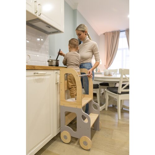 ToddlerInFamily 2v1 MONTESSORI STOL�EK POMAGAL�EK-MOTIV AVTO (VE� BARV)-Natur/Siva Cene