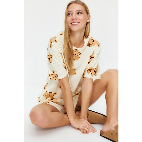 Trendyol Ecru 100% Cotton Teddy Bear Patterned Knitted Pajama Set Cene