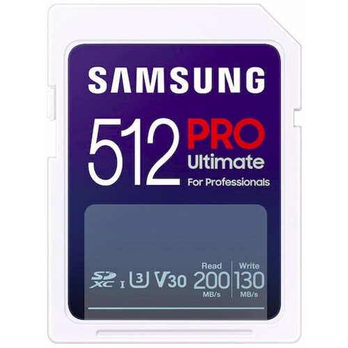 Samsung SD Card 512GB, PRO Ultimate, SDXC, UHS-I U3 V30, Read up to 200MB/s, Write up to 130 MB/s, for 4K and FullHD video recording ( MB-SY512S/WW Cene